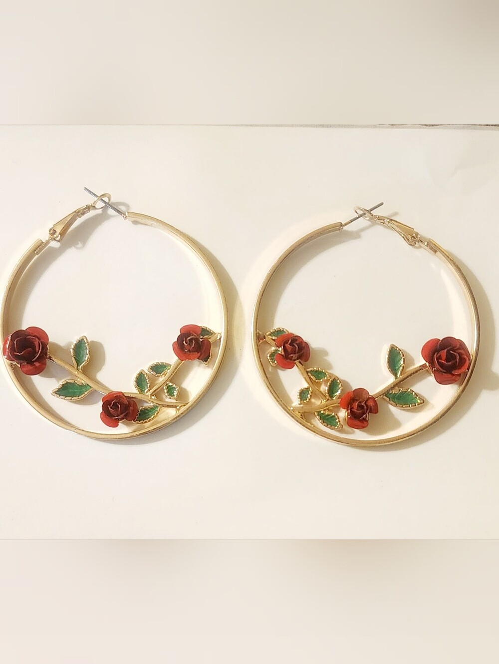 Gold Hoop Earrings with Red Rose Accents - Women's Jewelry